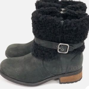 UGG Australia Womens Blayre Black Leather Shearling Buckle Ankle Boot